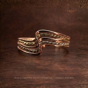 Pulsera artesanal bicolor con diseño ondulado de múltiples bandas, detalles trenzados en tonos cobre y oro, elegante y sofisticada