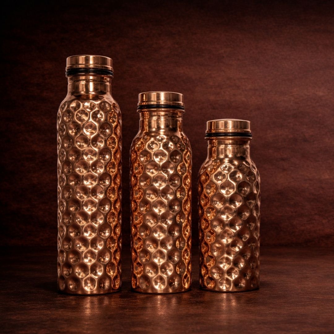 Termo de cobre colmena natural de 1 litro con tapa semi abierta hecho a mano en México