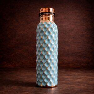 Termo de cobre colmena azul cielo de 1 litro hecho a mano en México con tapa antiderrames