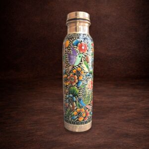 Termo de cobre artesanal negro de 1 litro con diseño de aves, mariposas monarca y flores pintadas a mano con detalles en laminilla de oro