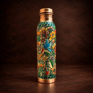 Termo de cobre artesanal verde esmeralda con mariposas monarca, flores y aves pintado a mano de 1 litro