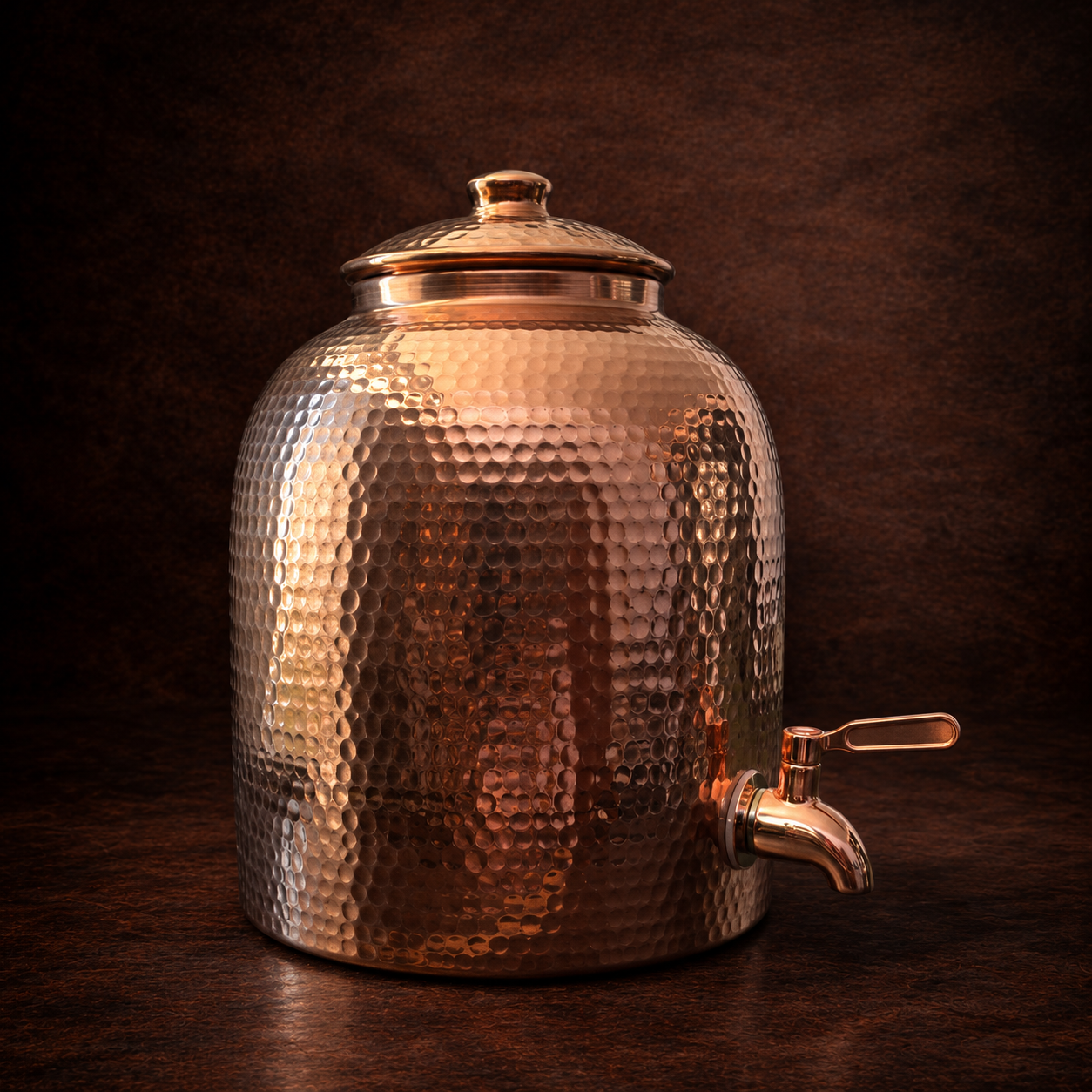 Bidón de cobre martillado de 7 litros con tapa, llave dispensadora y base Ethoss Studio