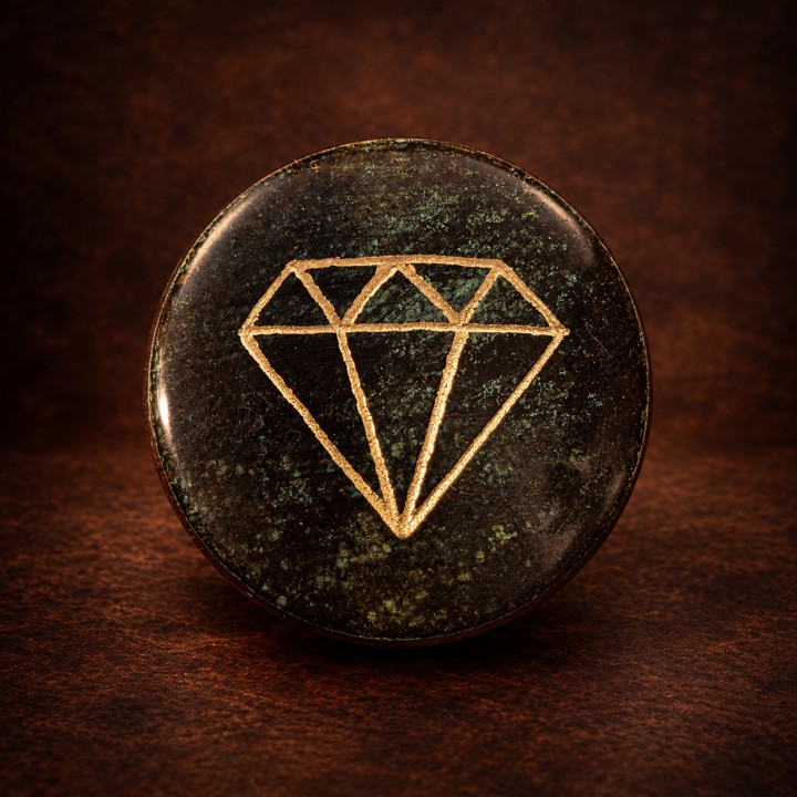 Tapa de cobre personalizada a mano con diseño simple tipo icono sobre fondo oscuro de Ethoss Studio