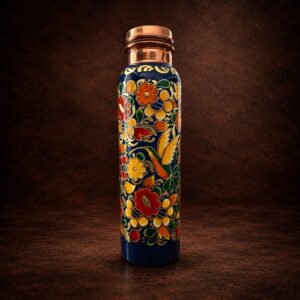 Termo de cobre Colibrí Azul de 1 litro pintado a mano con flores y laminilla de oro Ethoss Studio